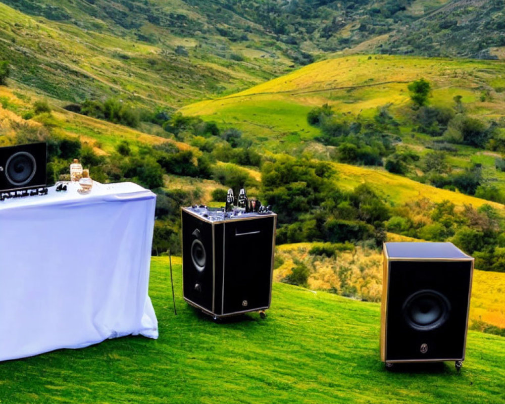 DJ setup with speakers and mixer on grassy hillside