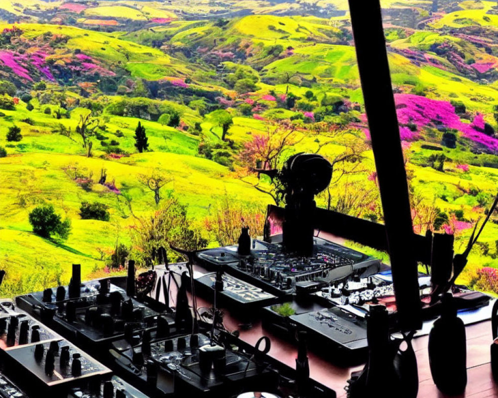 Vibrant landscape with DJ equipment in foreground