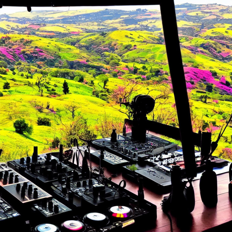 Vibrant landscape with DJ equipment in foreground