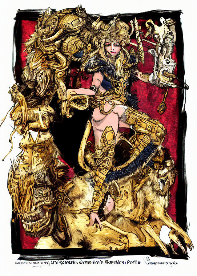 Warrior woman in golden armor with fantasy creature mount depicted in stylized illustration