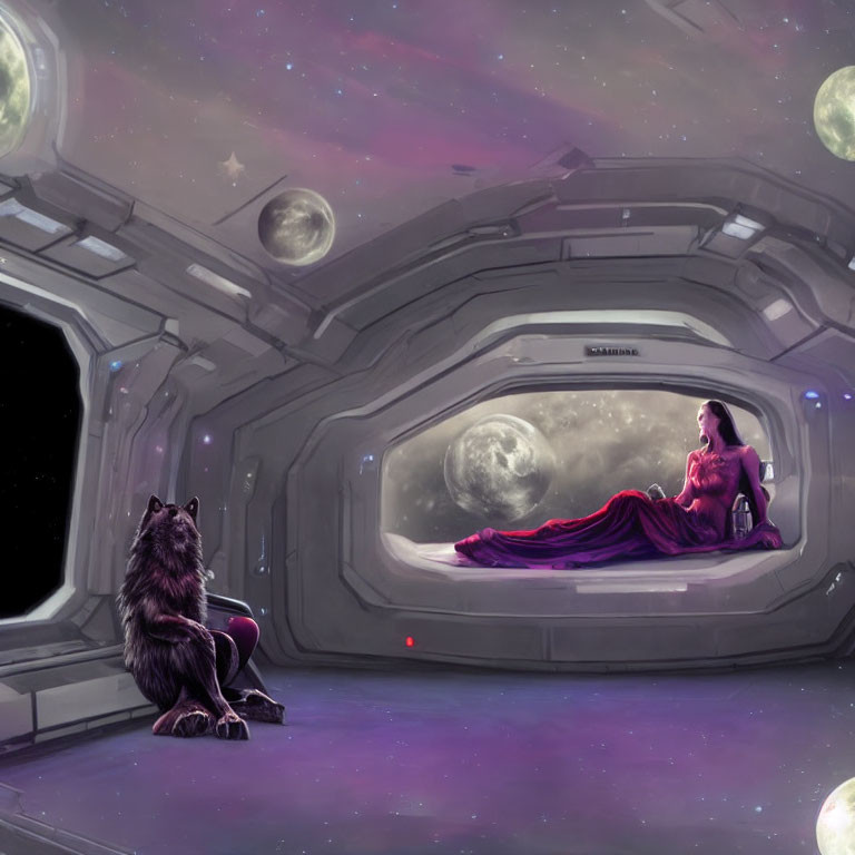 Woman in red dress with wolf in futuristic spaceship gazing at moon