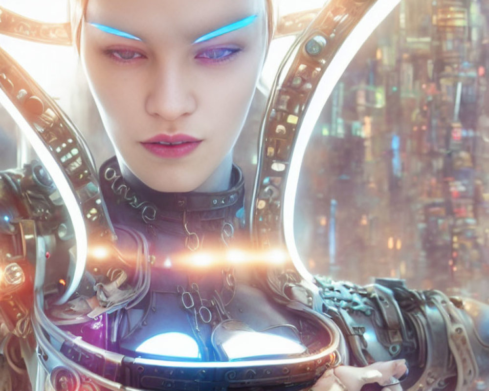 Futuristic female cyborg with blue eyes surrounded by advanced technology and glowing orbs