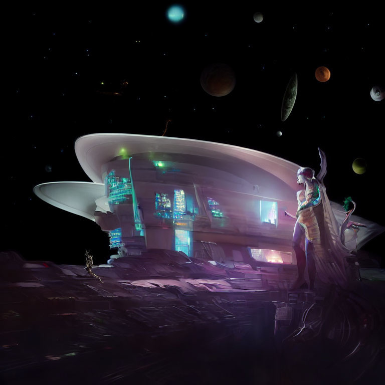 Futuristic spaceport with saucer-shaped structure and figures gazing at stars