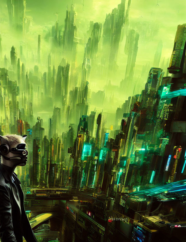 Masked figure gazes at futuristic city with skyscrapers and neon lights under green sky