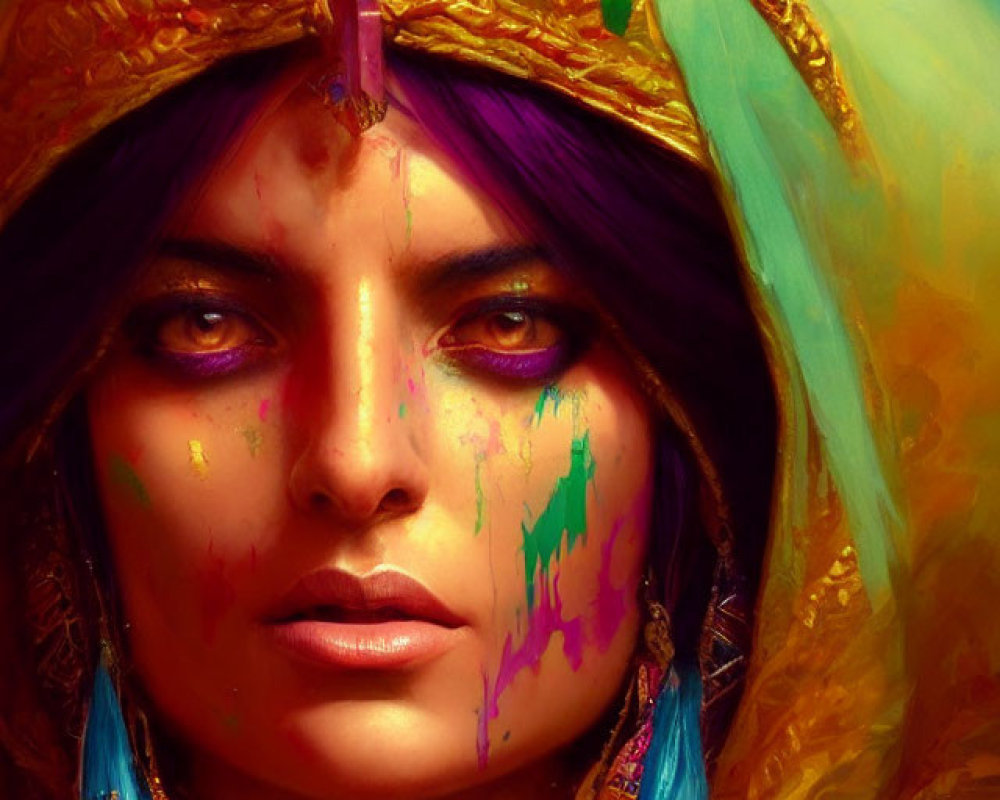 Colorful portrait of a person with purple hair and intense eyes in golden headdress and blue earrings,