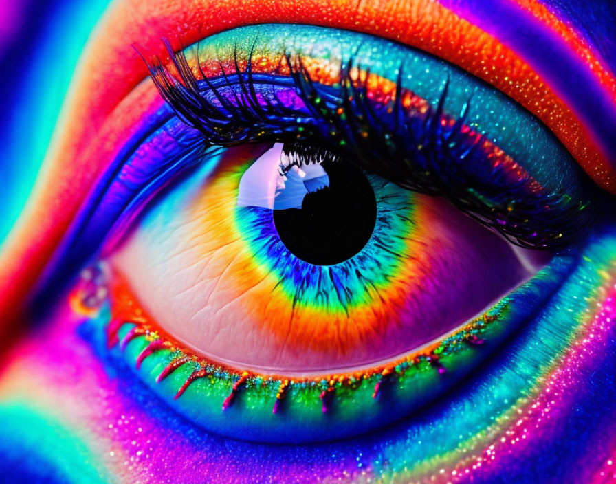 Vibrant rainbow-colored makeup on eye with close-up view