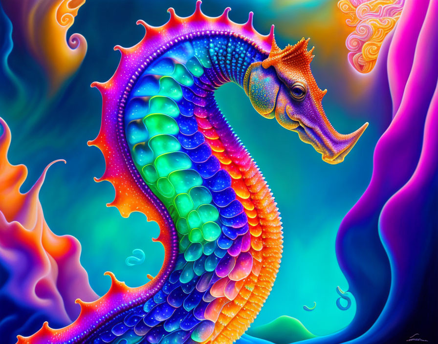 Colorful Mythical Seahorse Illustration with Swirling Background