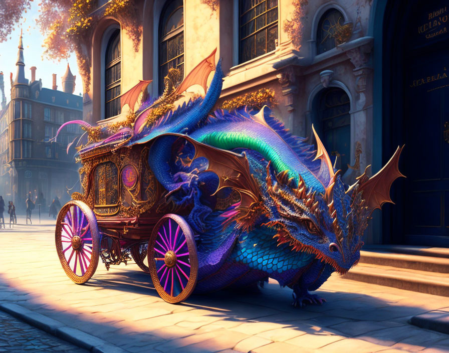 Iridescent dragon pulls fancy carriage on sunlit cobbled street