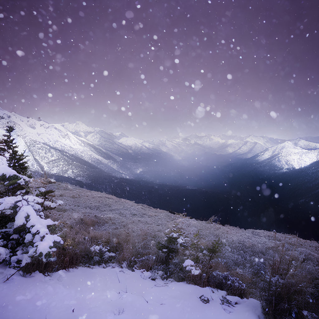 Snow-covered winter landscape with falling snow, trees, and mountains under purple sky