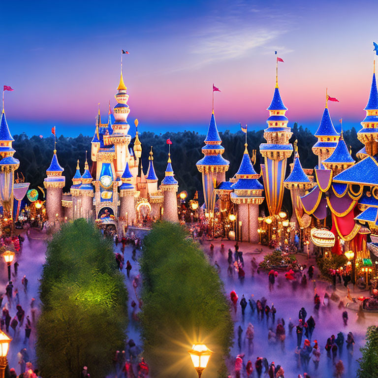 Twilight scene of vibrant Disneyland park with illuminated castle and festive crowds