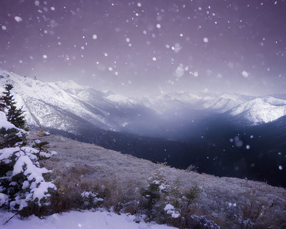 Snow-covered winter landscape with falling snow, trees, and mountains under purple sky