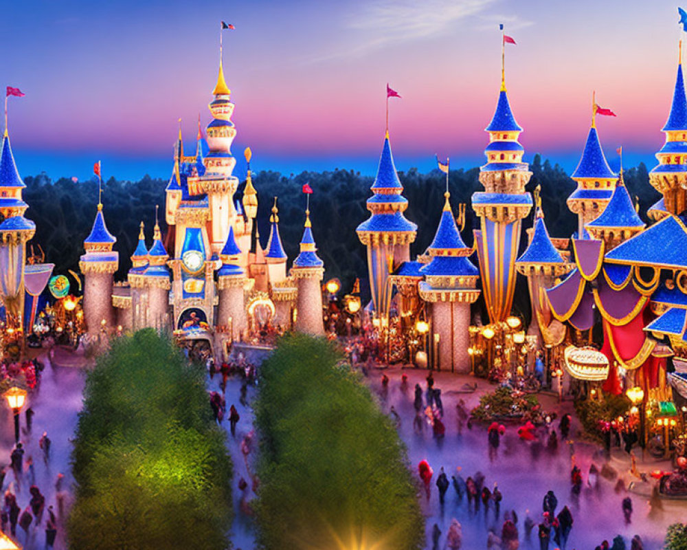 Twilight scene of vibrant Disneyland park with illuminated castle and festive crowds