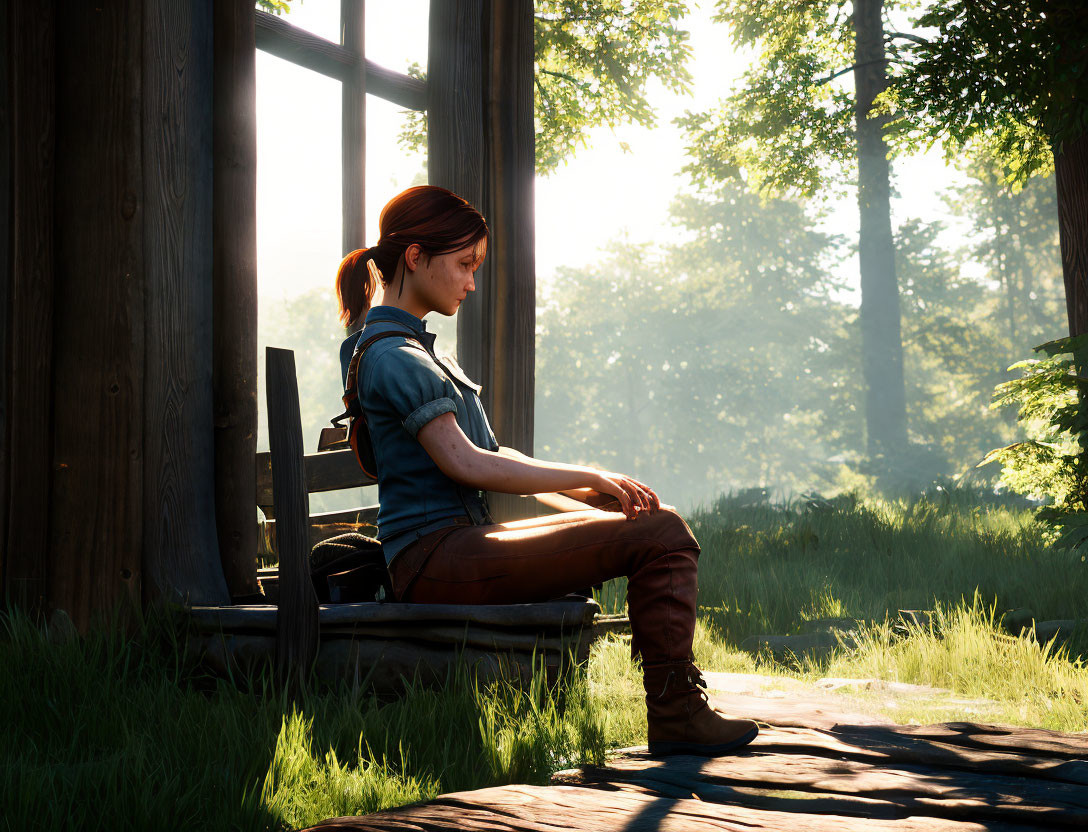 Young woman sitting on wooden chair by open window in rustic setting with morning light.