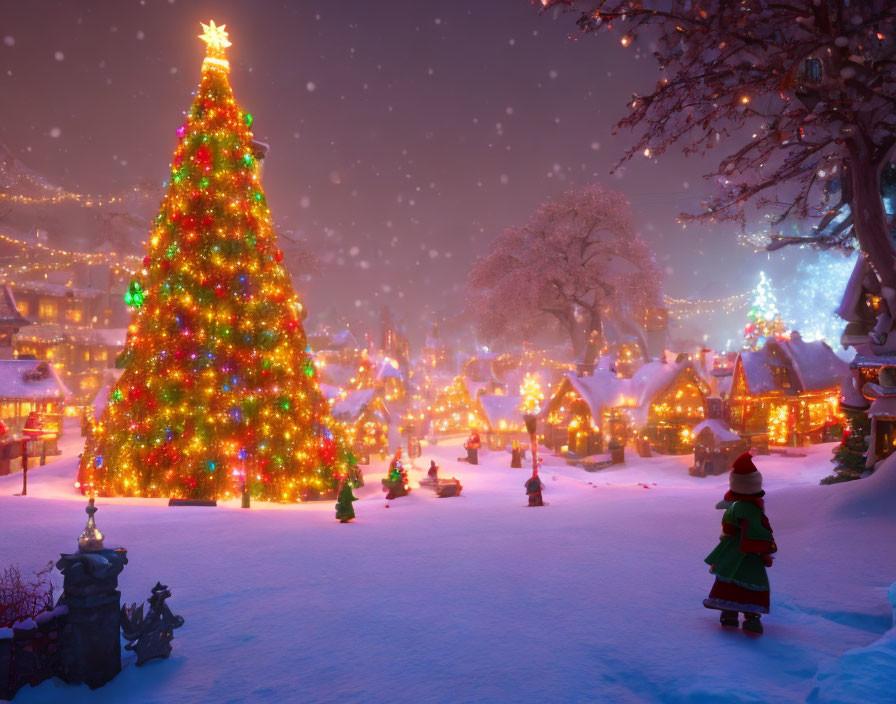 Colorful Christmas tree in snowy village at night with figure in red