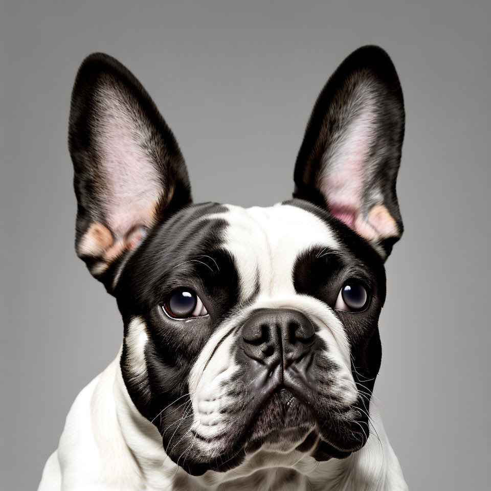 French Bulldog with black and white coat and bat-like ears