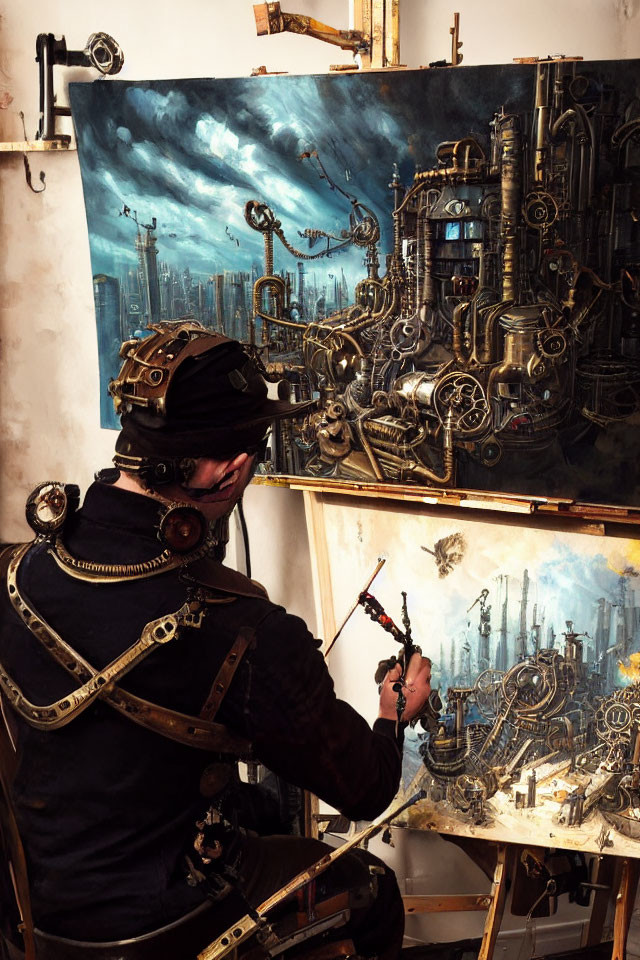 Steampunk artist painting detailed cityscape with mechanical structures under stormy sky