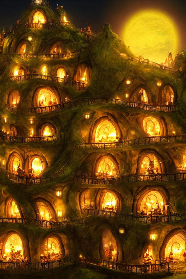 Enchanting underground village with glowing windows under yellow moon