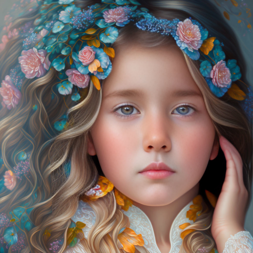Young girl with floral crown and curly hair gazing thoughtfully