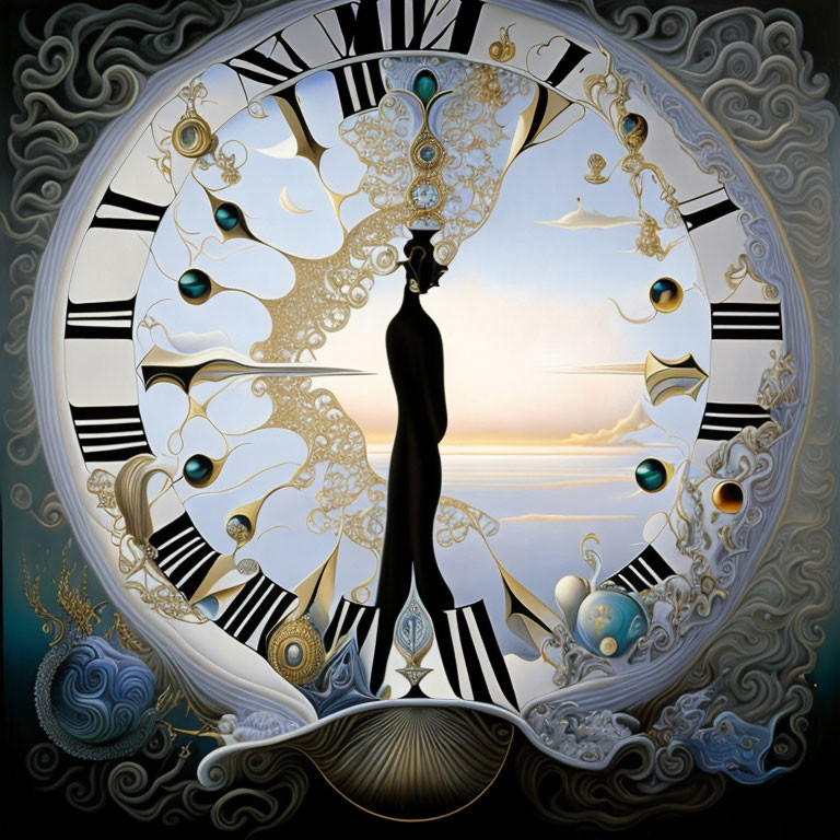 Surrealistic painting: Melting clock, human silhouette, nature motifs