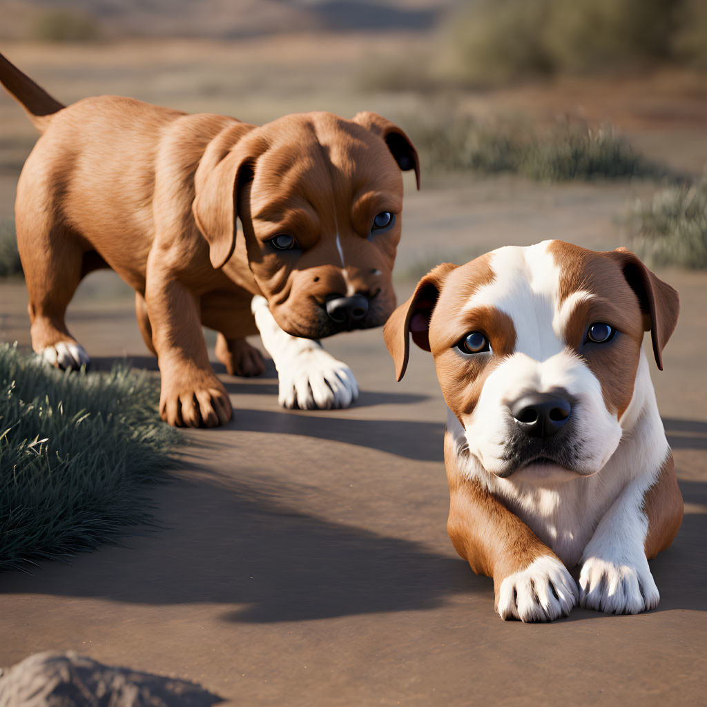 Brown and White Animated Puppies in Desert-Like Setting