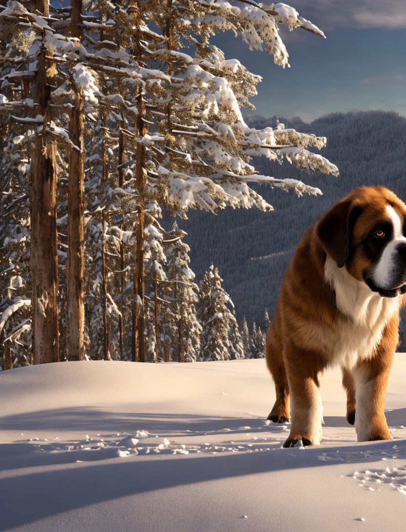 Saint Bernard Dog in Snowy Forest with Sunlit Trees and Mountains