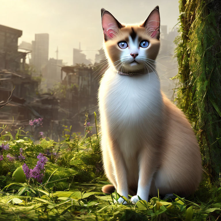 Siamese Cat with Blue Eyes in Green Environment and Urban Backdrop