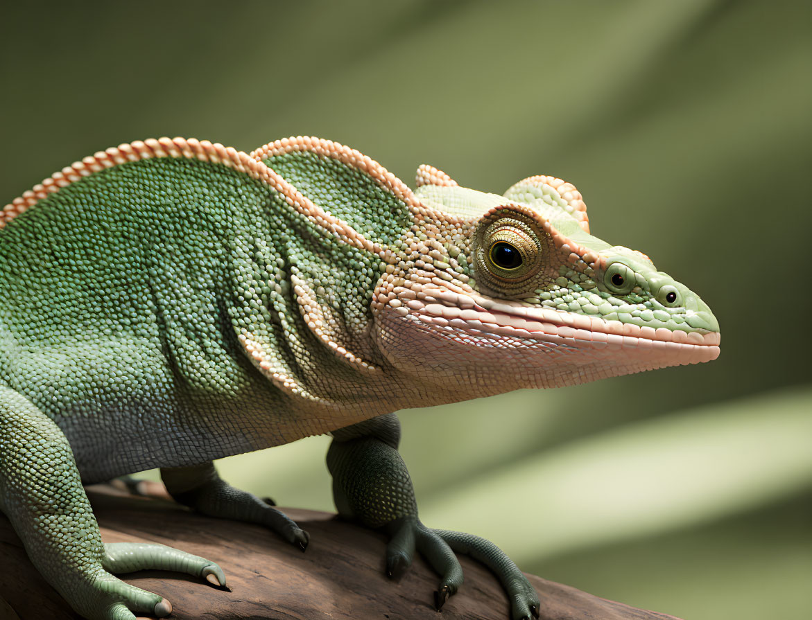 Green chameleon with textured skin perched on branch