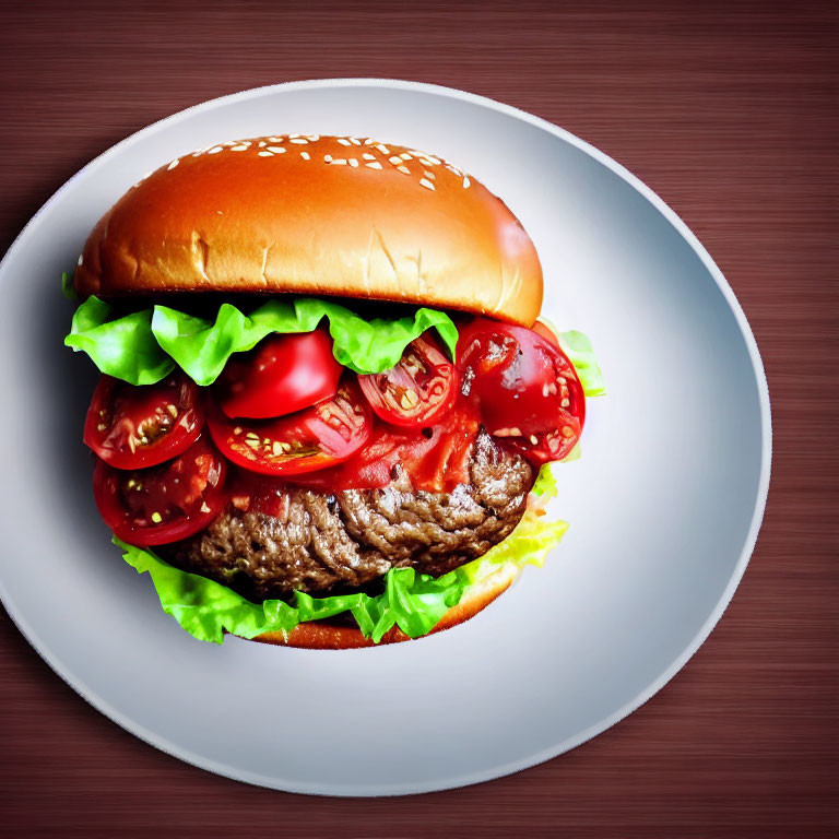 Classic hamburger with lettuce, tomatoes, beef patty on white plate, wooden background