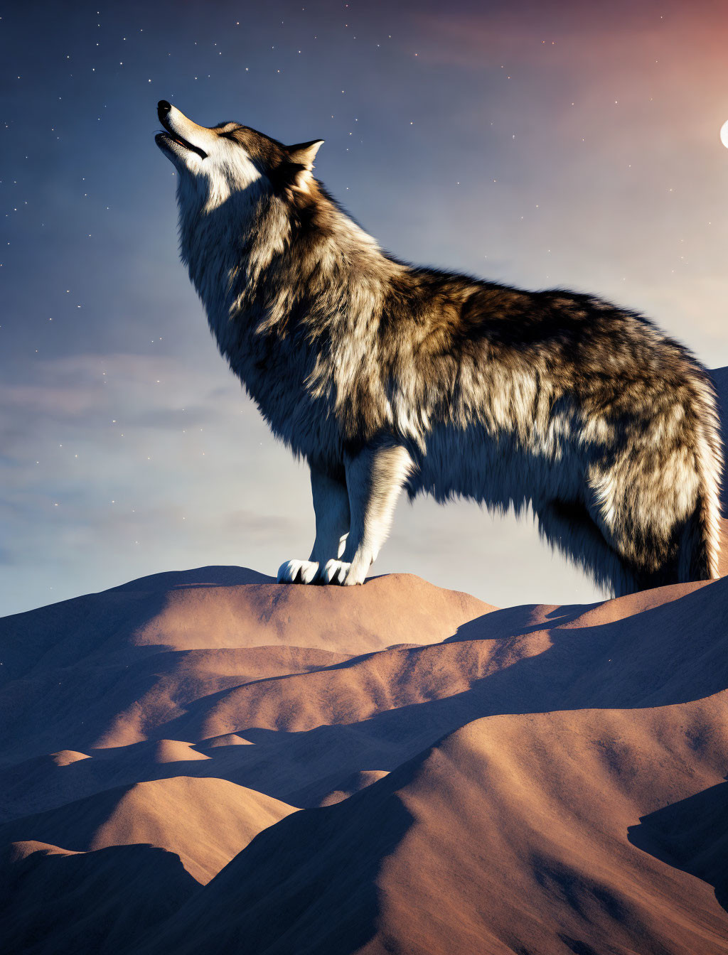 Wolf howling on sandy dune under twilight sky