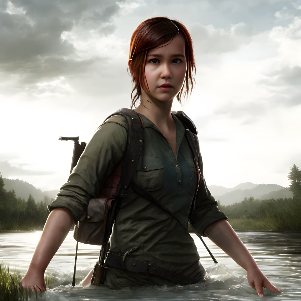 Digital artwork: Young woman with backpack and hammer in water, forest background.
