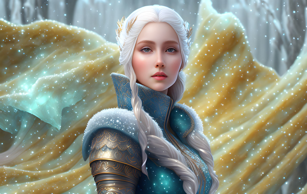 Pale-skinned figure in blue and gold armor in snowy setting