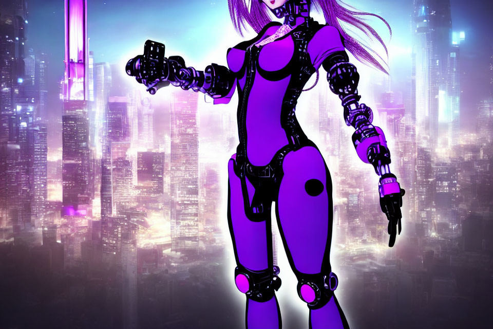 Female anime character with cybernetic enhancements in futuristic cityscape.