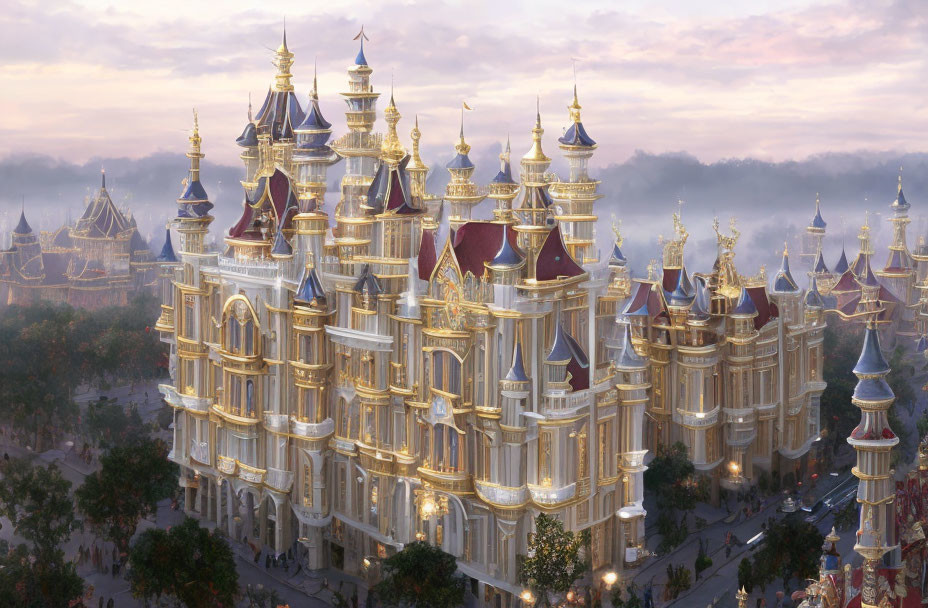 Majestic fairy-tale castle with golden spires at sunrise or sunset
