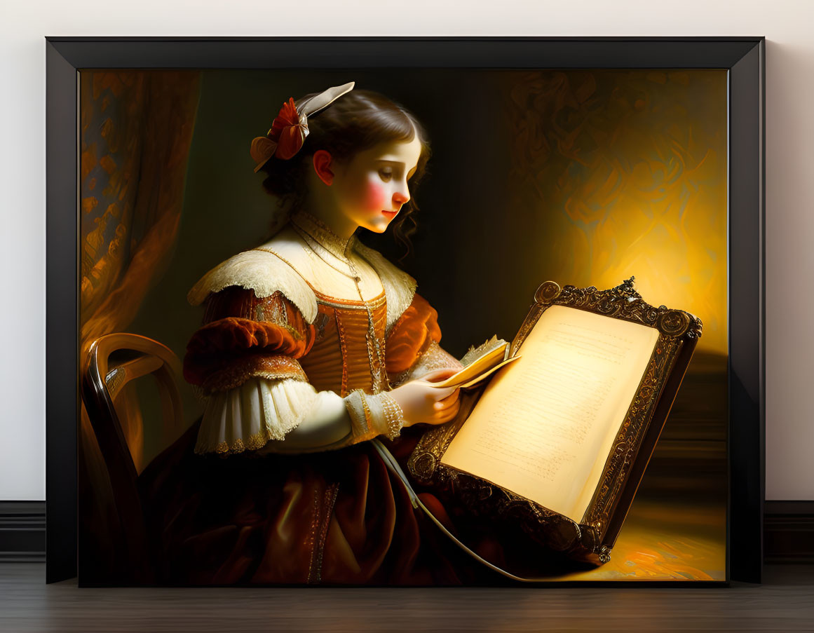 Vintage clothing young woman reading book in warm light against dark background