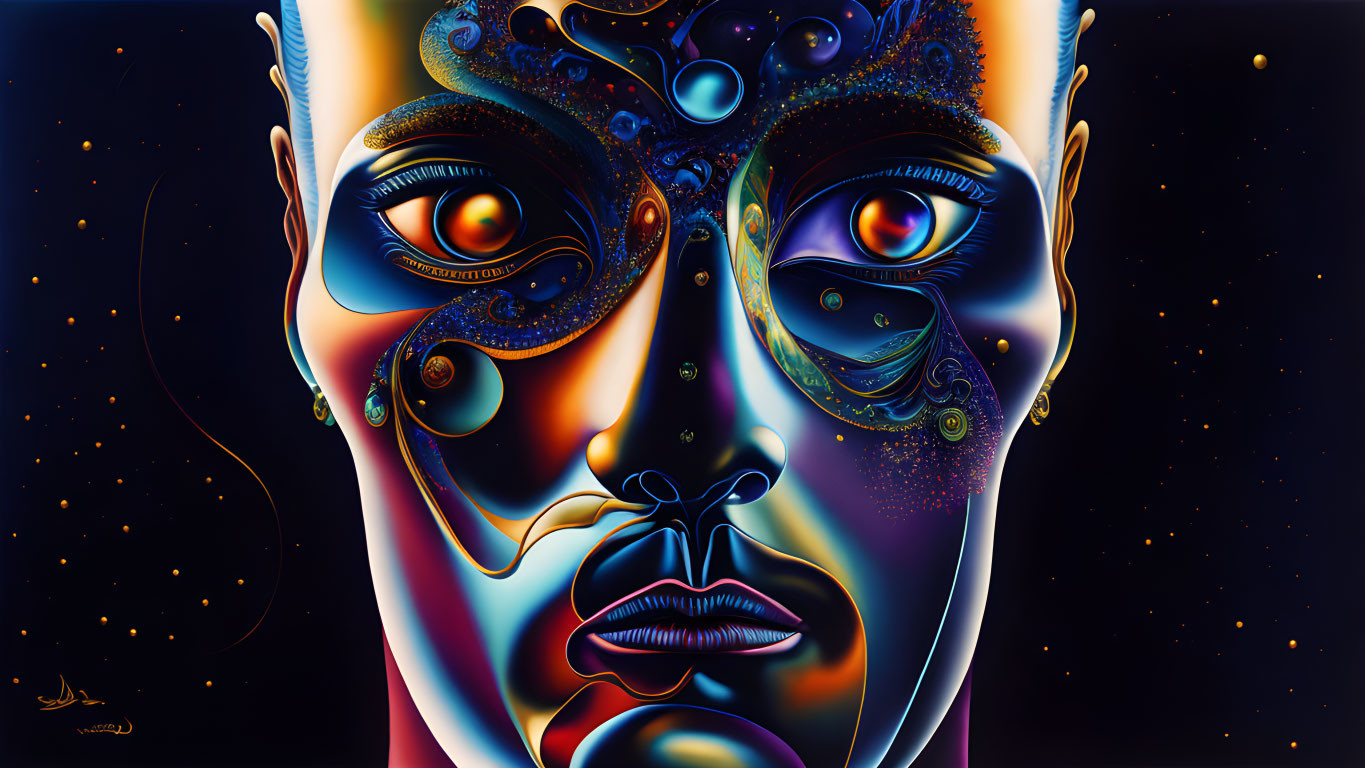 Colorful surreal face with galaxy patterns on starry background