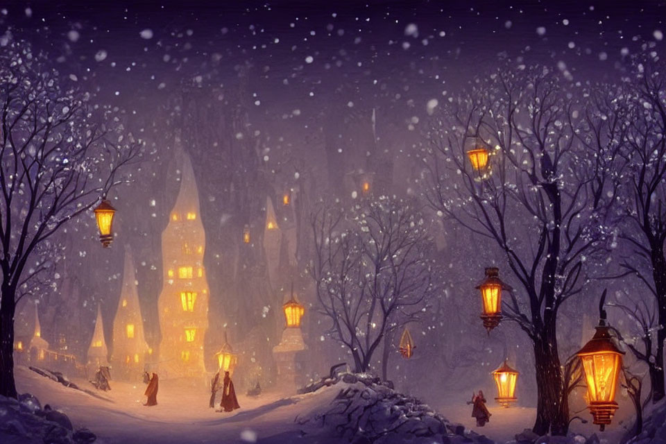 Winter snowfall scene with lanterns and figures walking towards castle-like building