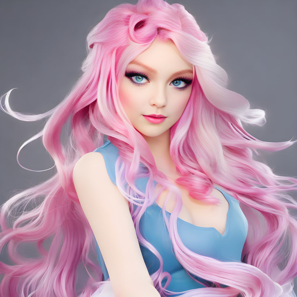 Vibrant 3D Female Figure with Pink and Purple Hair on Grey Background