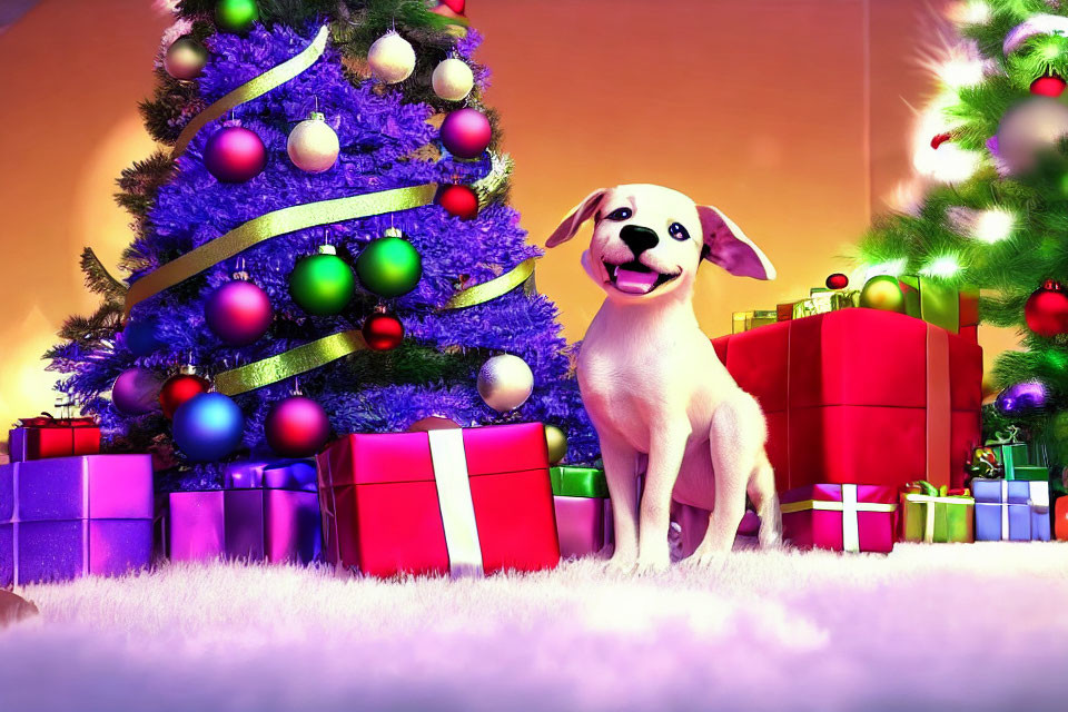 Cheerful dog with Christmas tree and gifts in festive setting