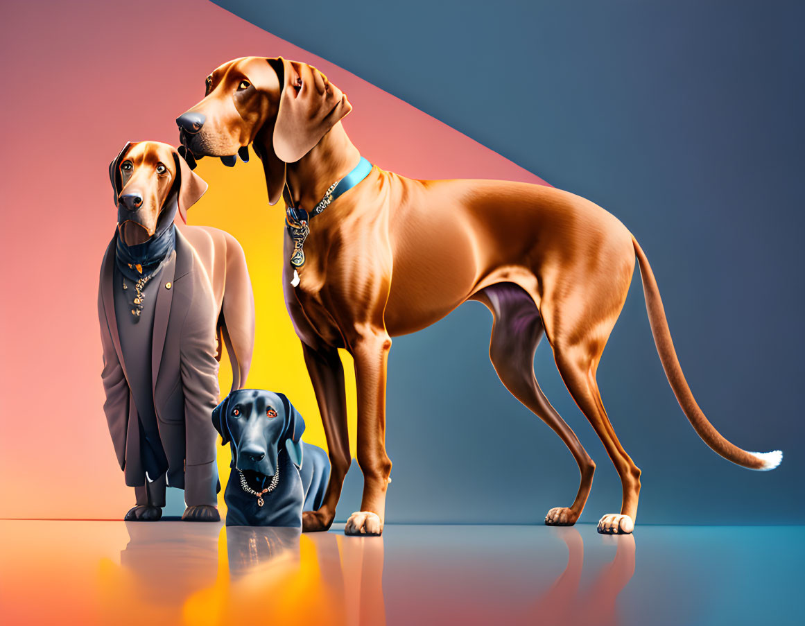 Stylized dogs with exaggerated features and fashion accessories on split pink and blue background