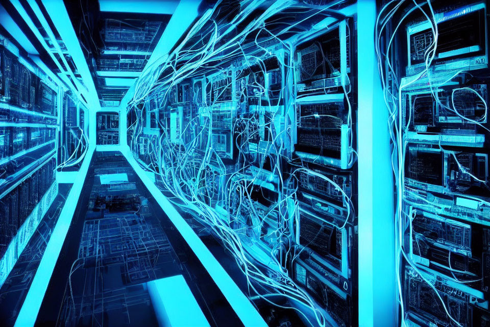 Futuristic server room with blue lighting and computing equipment racks