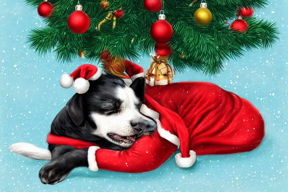 Black and White Dog Sleeping under Christmas Tree with Santa Hat and Red Scarf