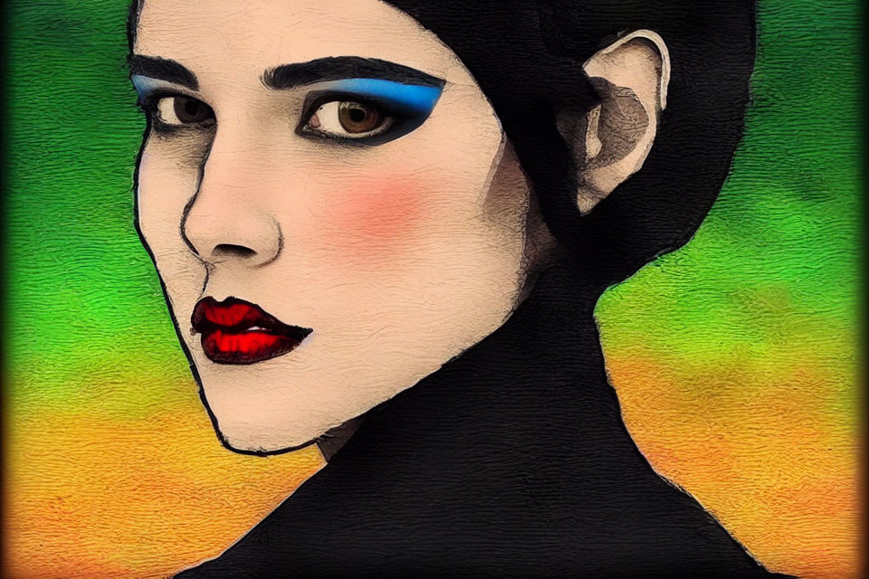 Bold Makeup Portrait with Blue Eyeshadow and Red Lipstick