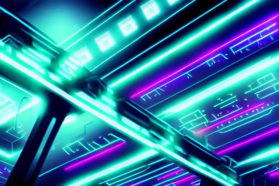 Futuristic tunnel with neon-lit purple and blue lights and cybernetic patterns