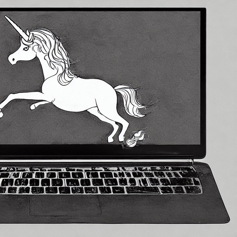 Laptop with unicorn drawing and astronaut silhouette artwork