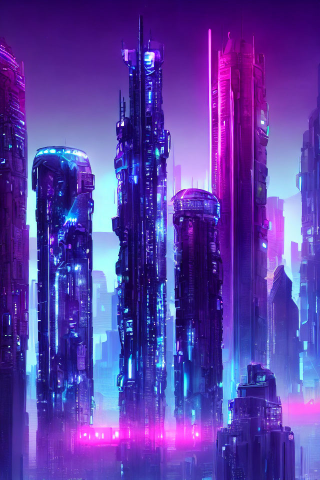 Neon-lit cyberpunk cityscape at dusk