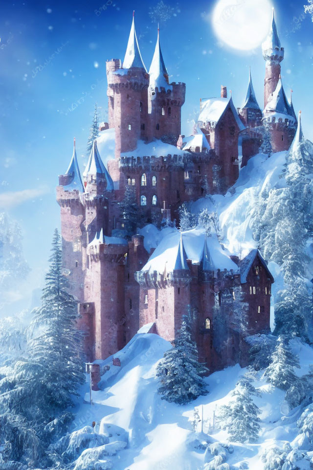 Snow-covered castle with towering spires in moonlit forest