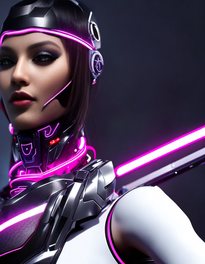 Futuristic female cyborg with purple accents and neon weapon