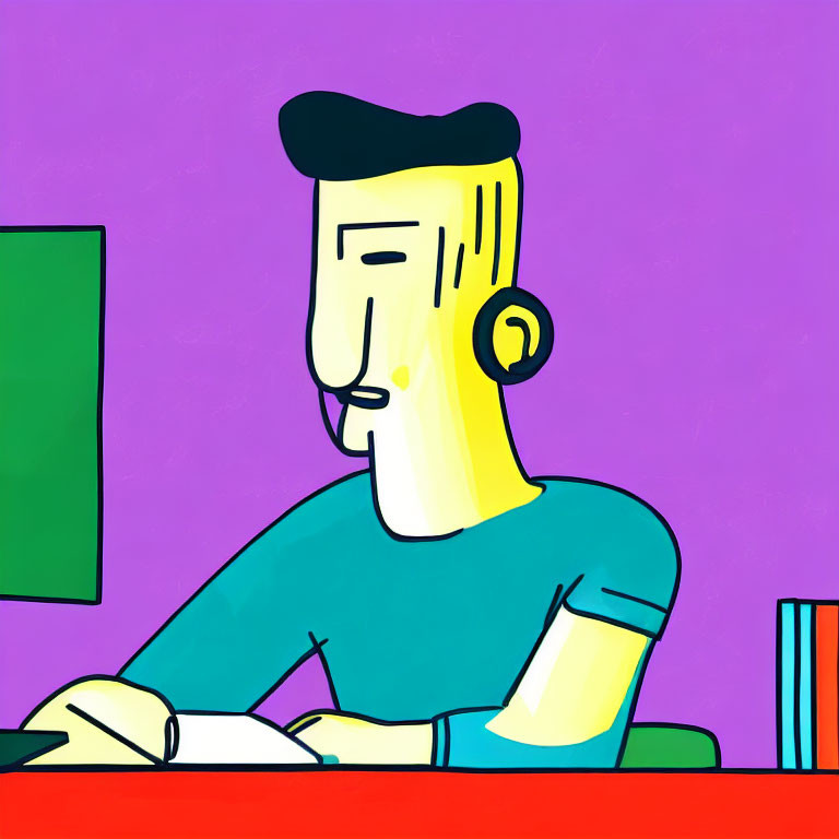 Person working at desk with computer monitor and headset on purple background