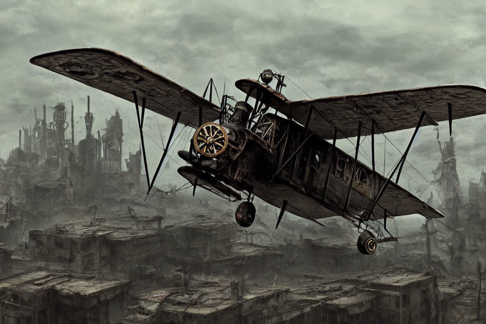 Vintage Biplane Over Dystopian Cityscape