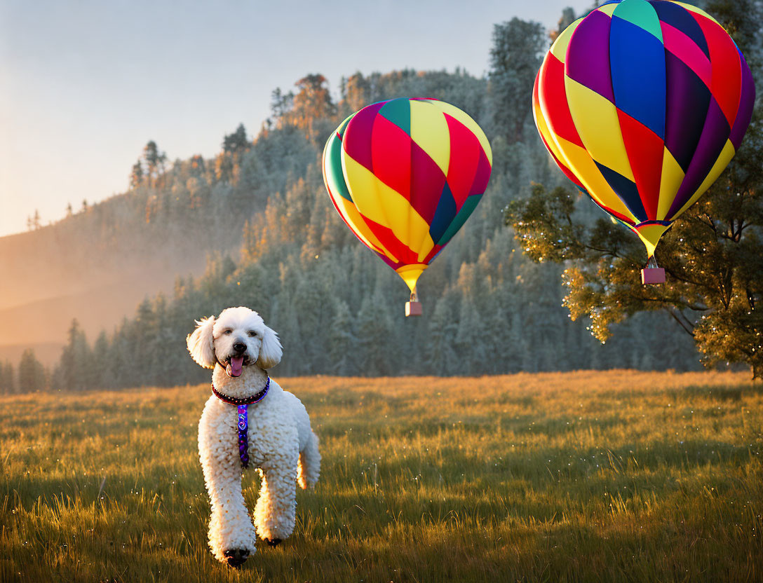 Fluffy White Dog in Sunlit Field with Hot Air Balloons